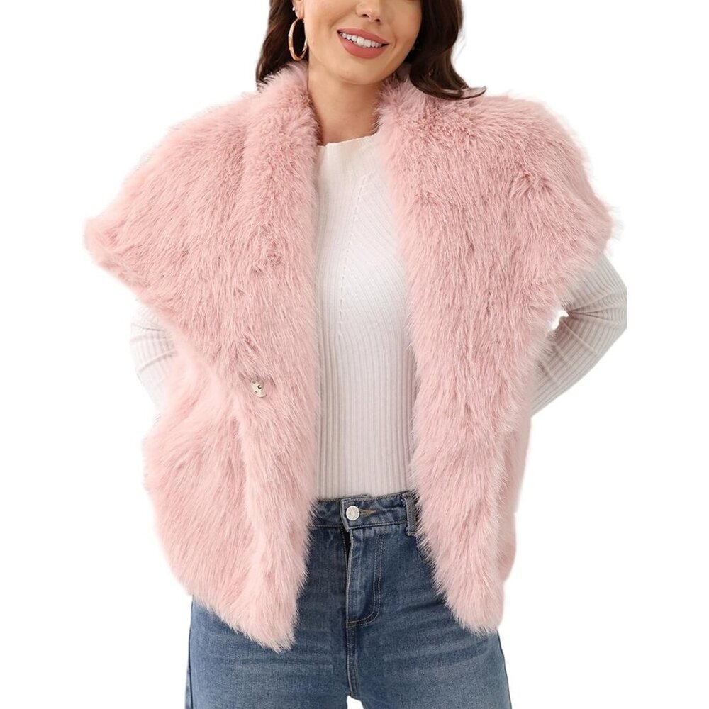 Women's Pink Faux Fur Vest Lapel Collar Sleeveless Furry Jacket Shaggy Warm